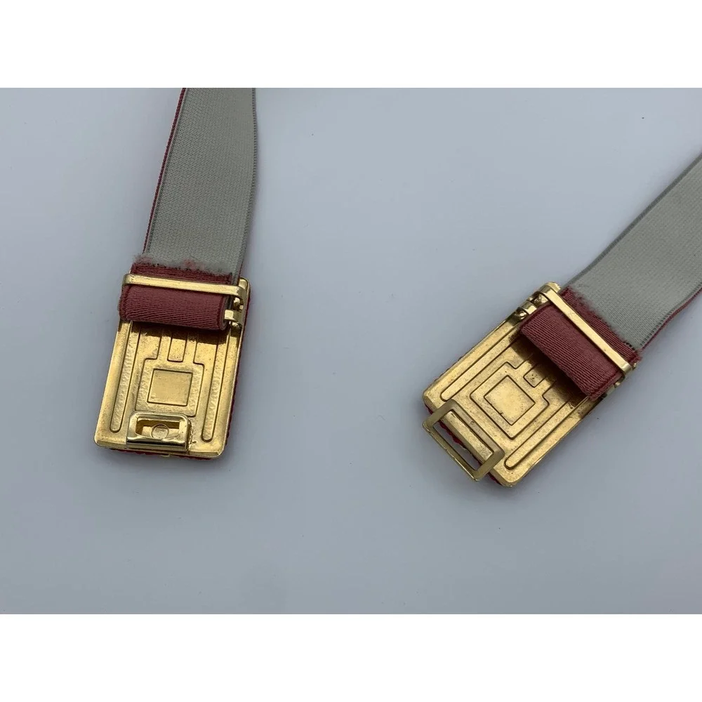 Vintage Mauve Elastic Cinch Belt Gold‎ Tone Black Enamel Filigree Buckle Retro